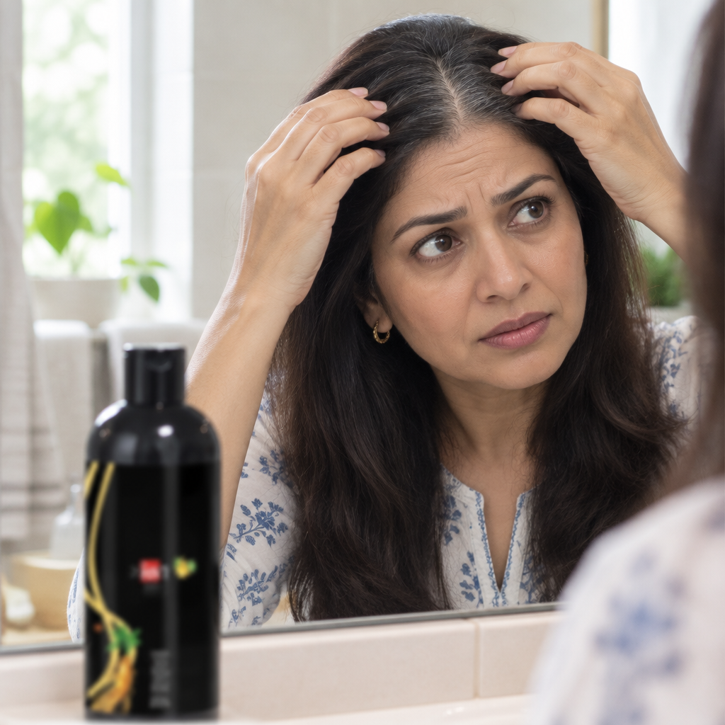 Woman noticing grey roots in the mirror