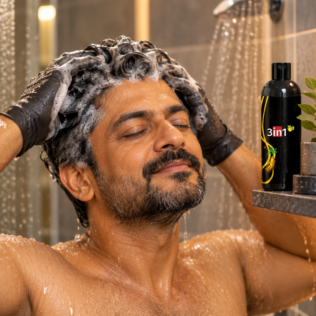 Man lathering hair colour shampoo in the shower
