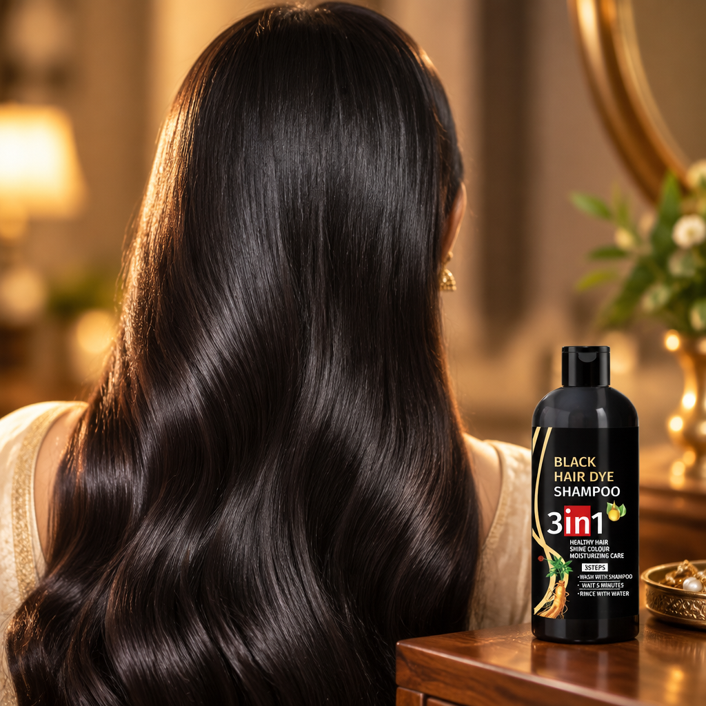 Glossy jet-black hair in warm light