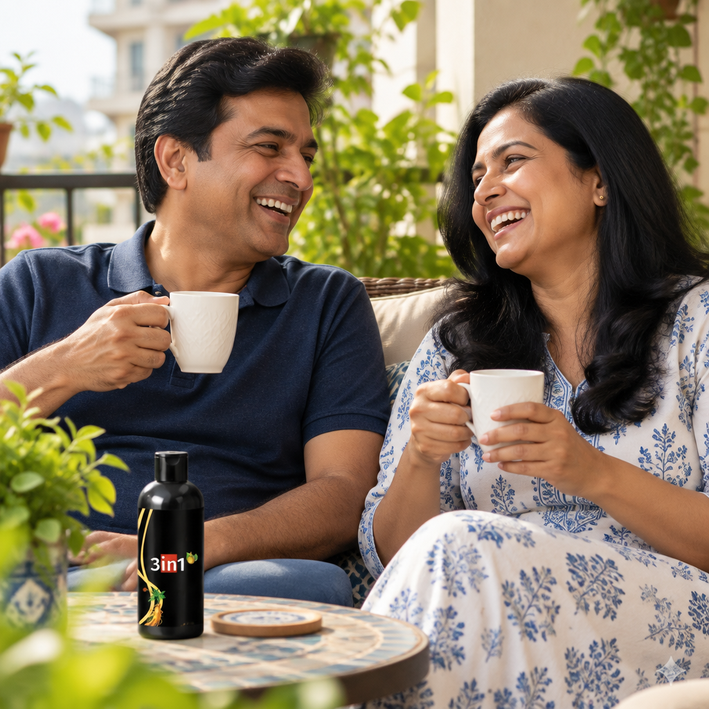 Happy couple with dark hair on a sunny balcony