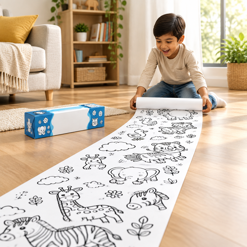Boy unrolling a long colouring roll across the floor