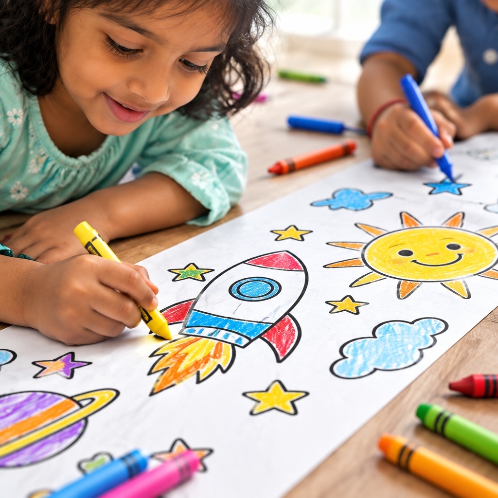 Kids hands colouring printed designs with crayons