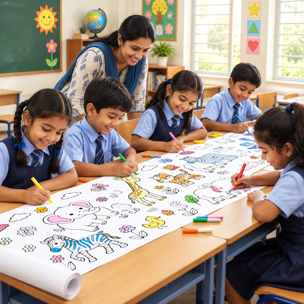 Classroom of kids colouring a long roll together
