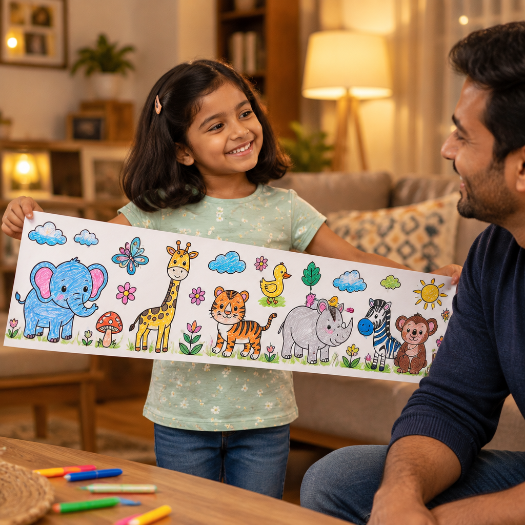 Girl proudly showing her colouring to her father
