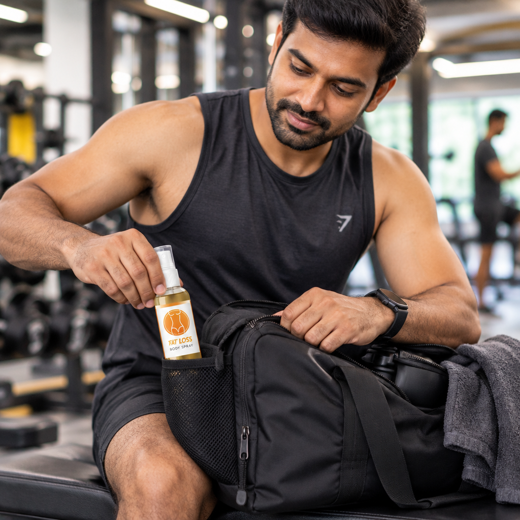 Man packing the spray into his gym bag