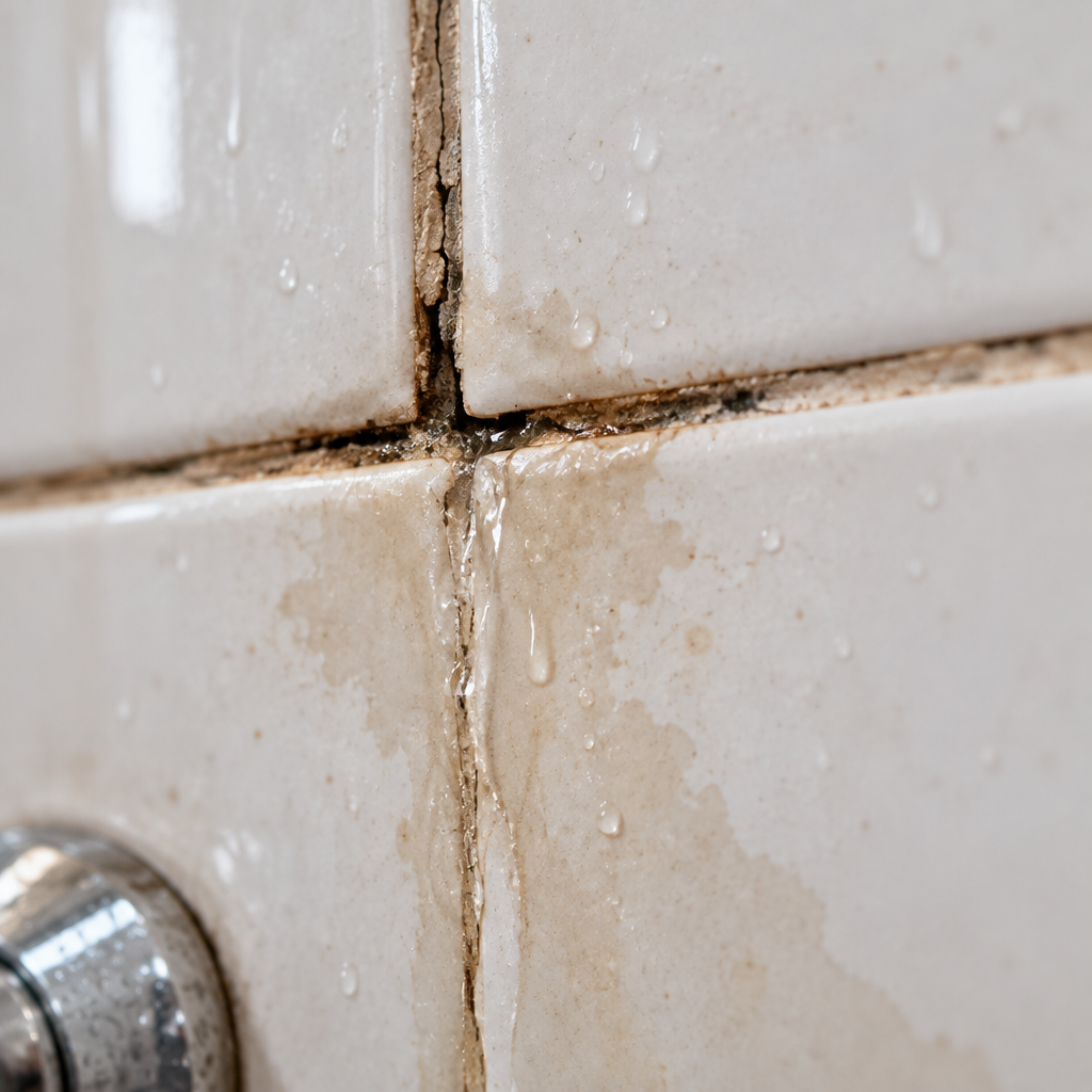 Cracked tile grout with water seeping through