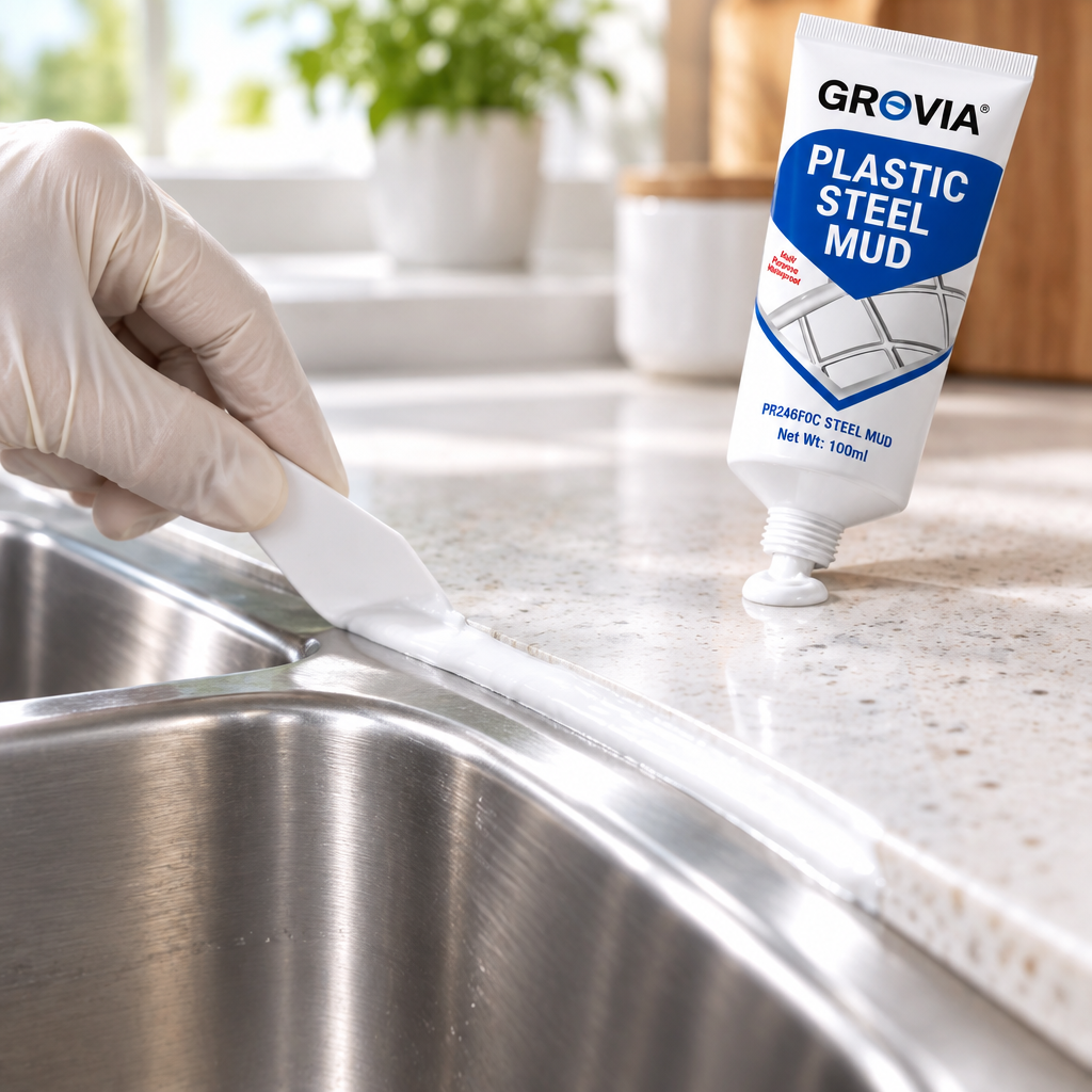 Gloved hand applying sealer paste along a sink edge