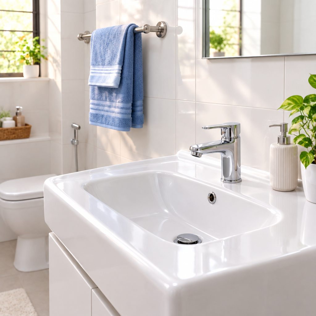 Clean bathroom with a neatly sealed basin