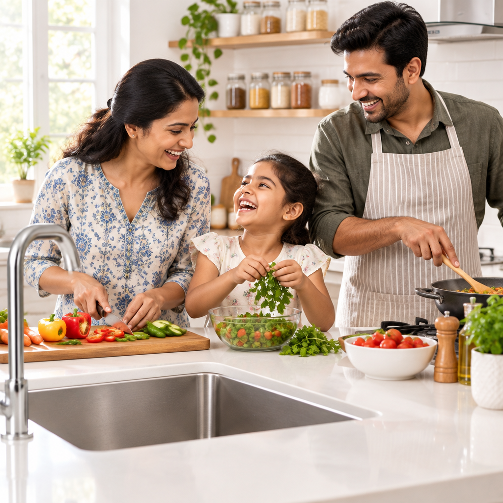 Happy family cooking in a dry, tidy kitchen