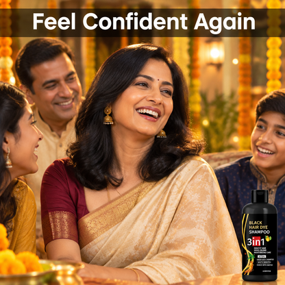 Confident woman with glossy dark hair at a family gathering