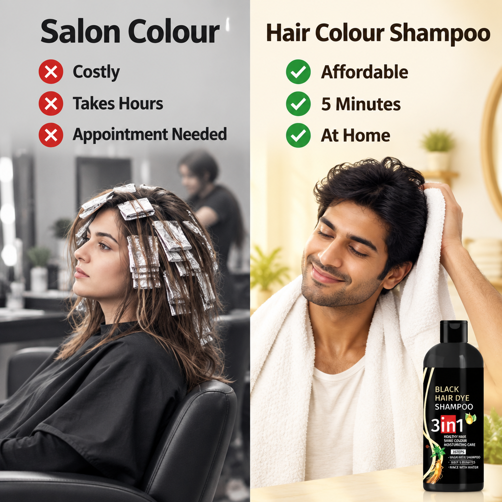 Salon hair colour compared with at-home hair colour shampoo