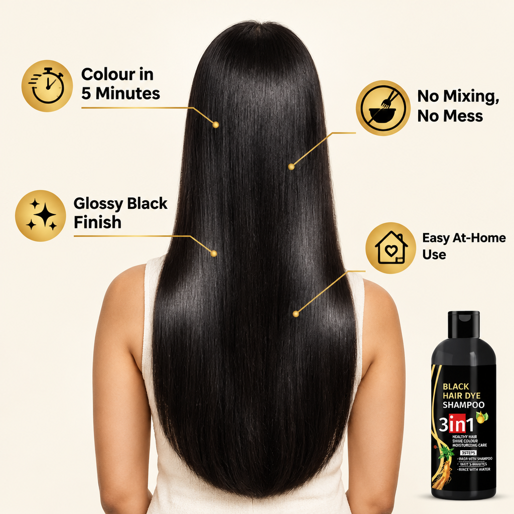 Glossy black hair with BlackGlow key benefits