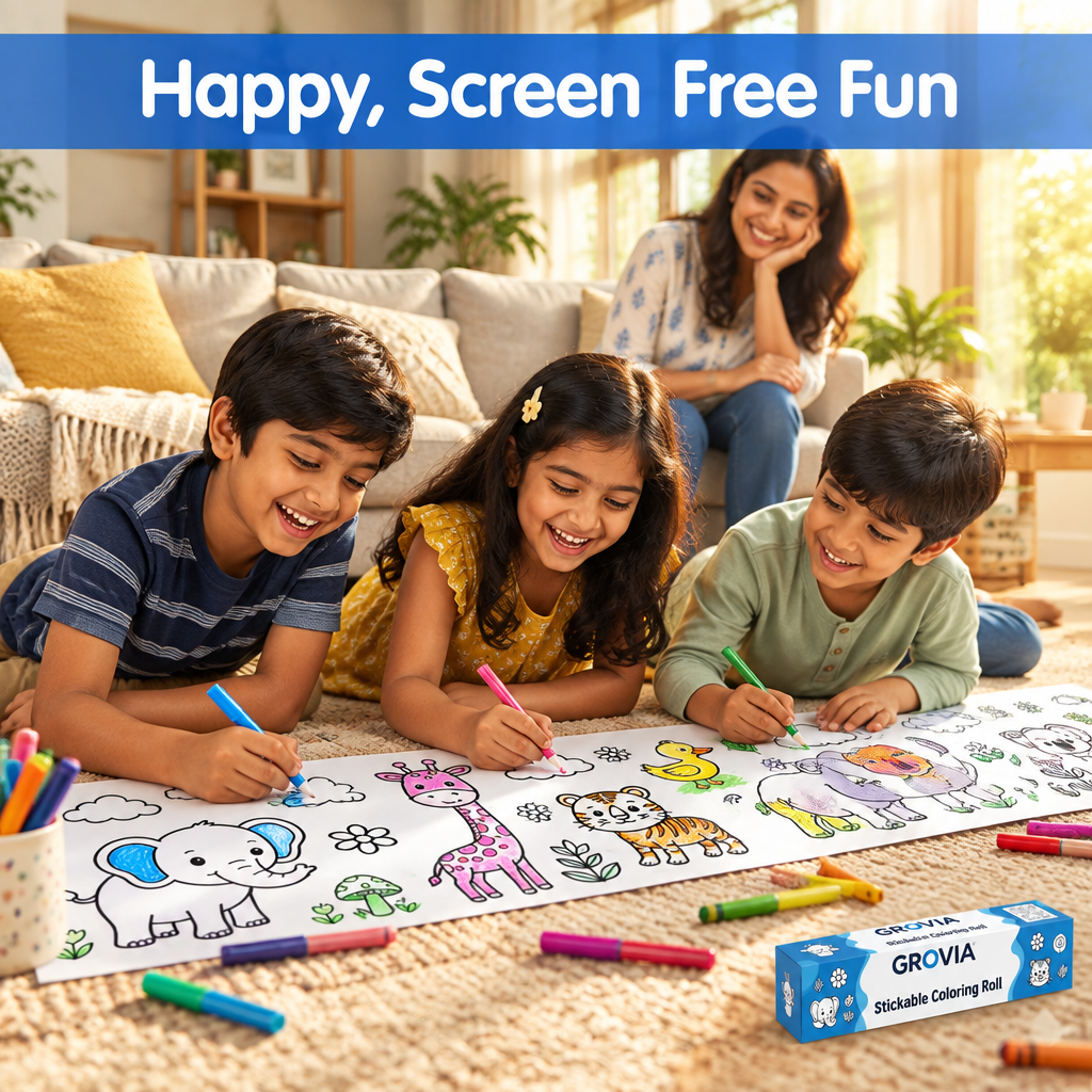 Happy kids enjoying screen-free colouring fun