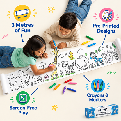 Kids colouring a long roll with DoodleRoll key benefits