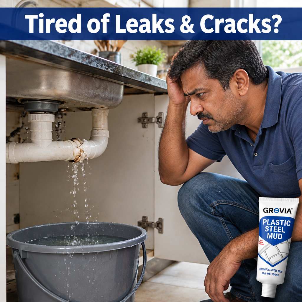Man frustrated by a leaking kitchen sink pipe