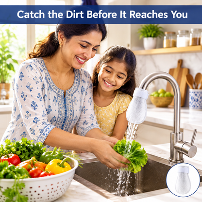 Mother washing vegetables at a tap fitted with a filter bag
