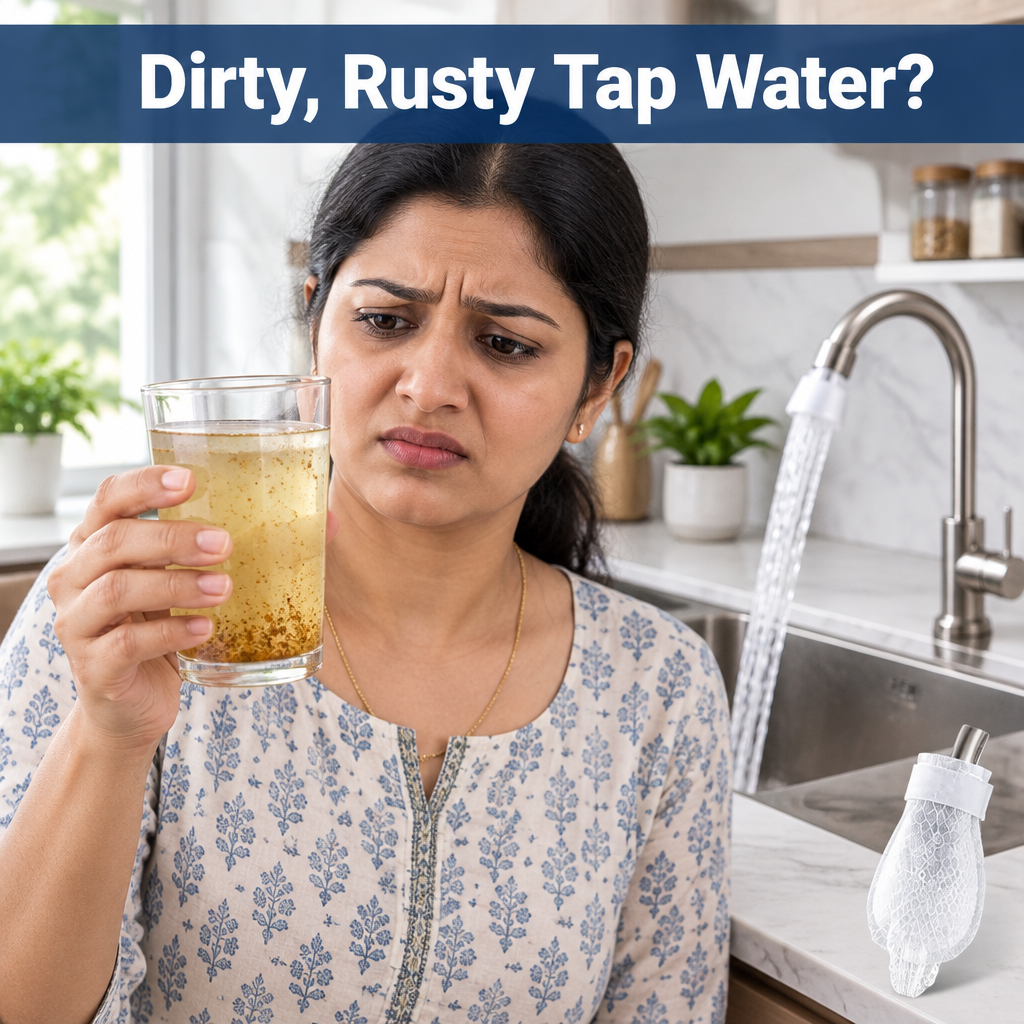Woman worried about dirty, rusty tap water