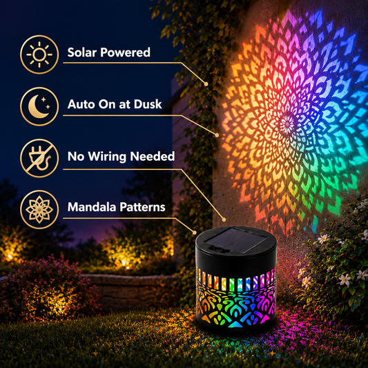 Garden lit with mandala patterns and MandalaGlow key benefits