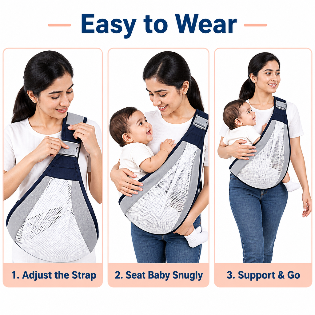 Easy to wear - adjust, seat baby, support and go