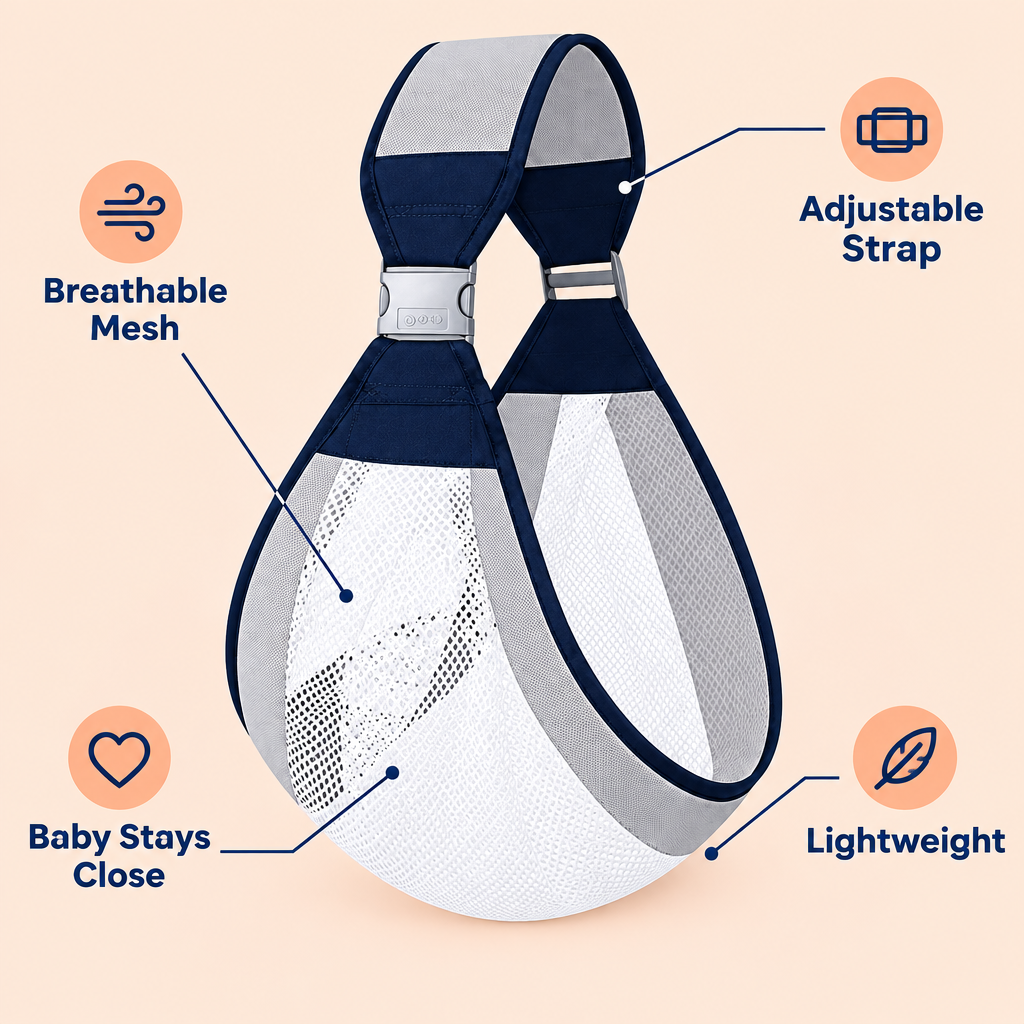 SnuggleCarry benefits - breathable mesh, adjustable strap