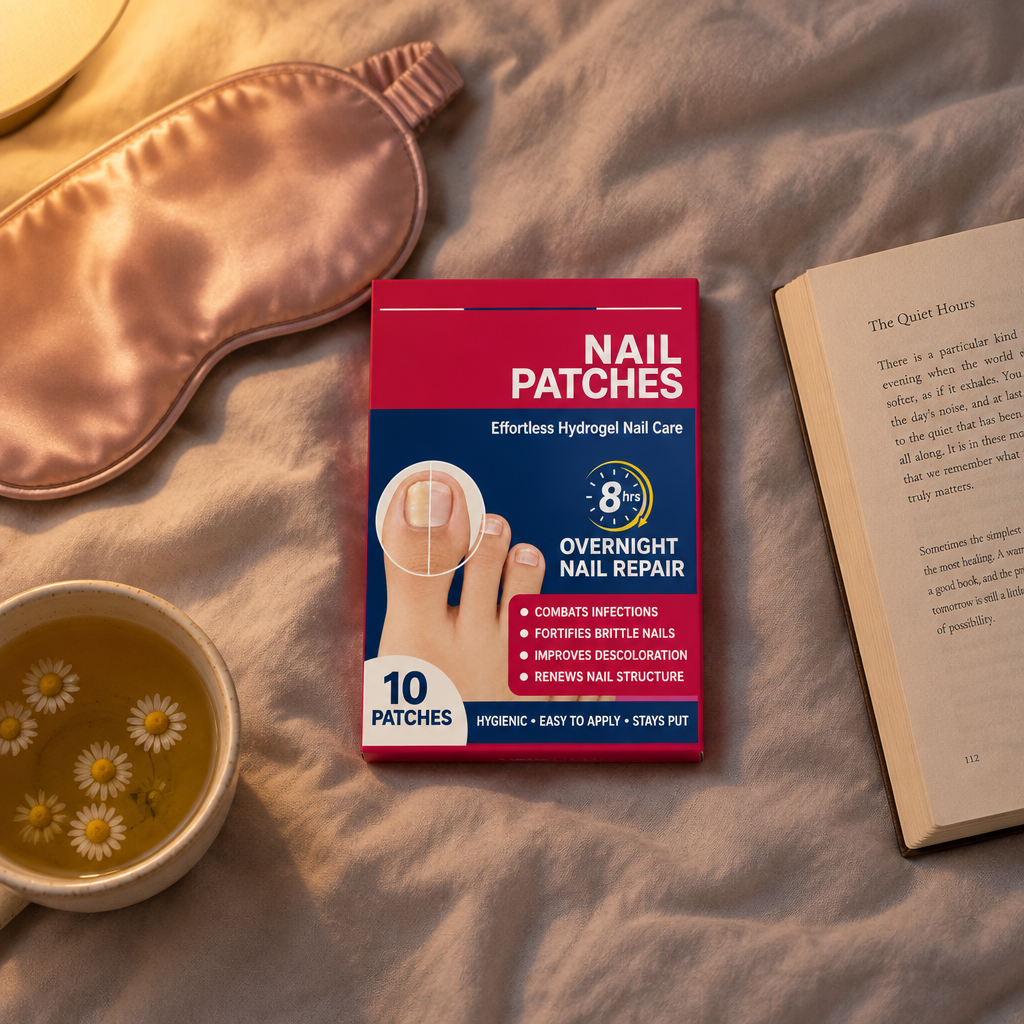 NailRevive box in a cosy night-time self-care flat lay