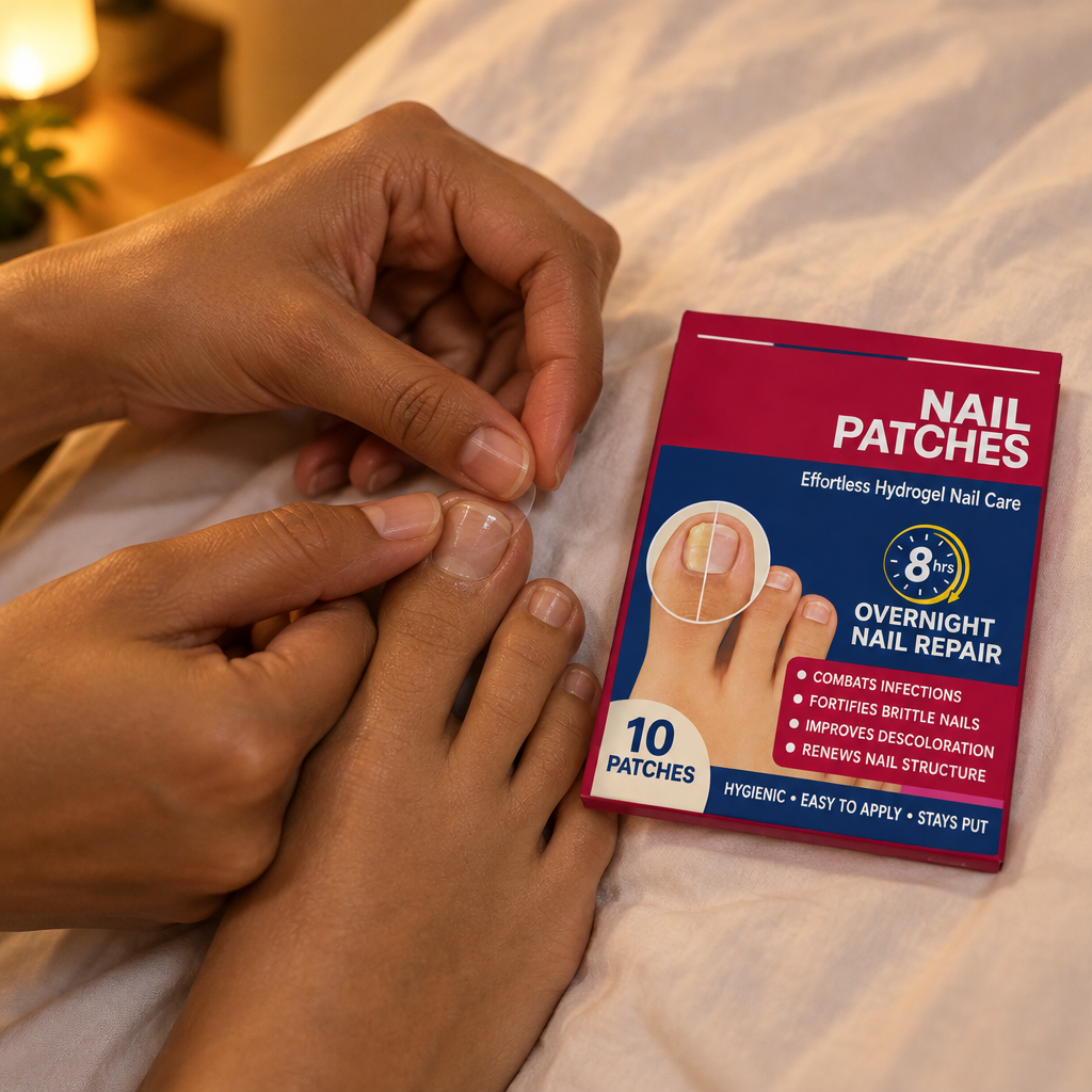 Applying a NailRevive hydrogel patch to a toenail at bedtime