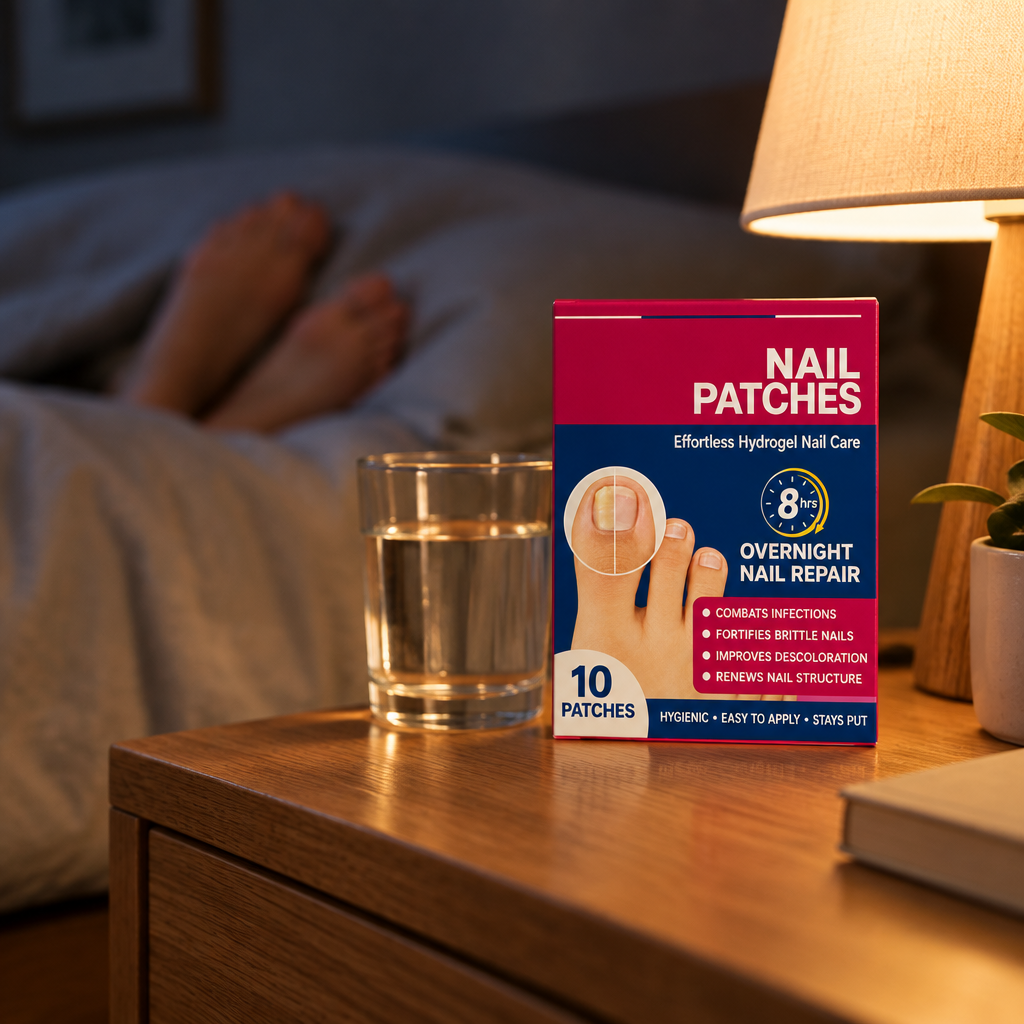 NailRevive box on a bedside table at night