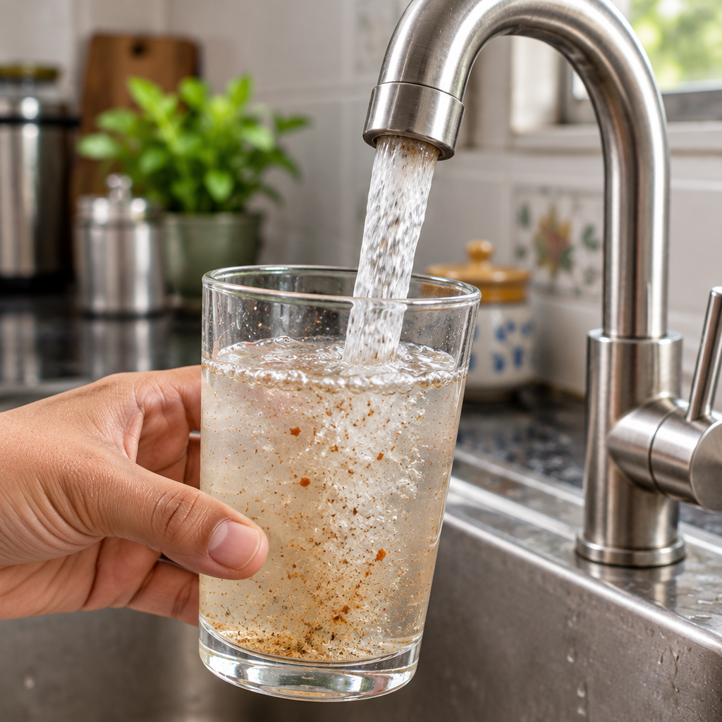 Tap water with visible rust and sand in a glass