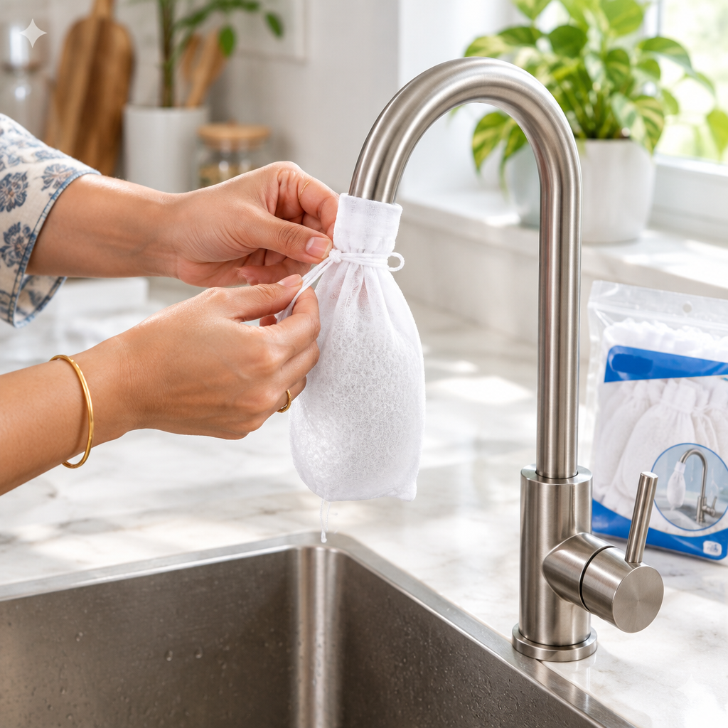 Hands tying a cotton filter bag onto a kitchen tap