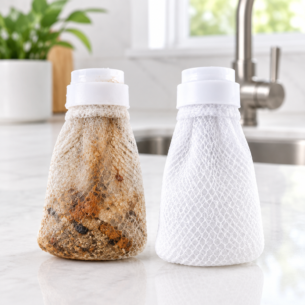 Used filter bag with trapped sediment next to a new bag