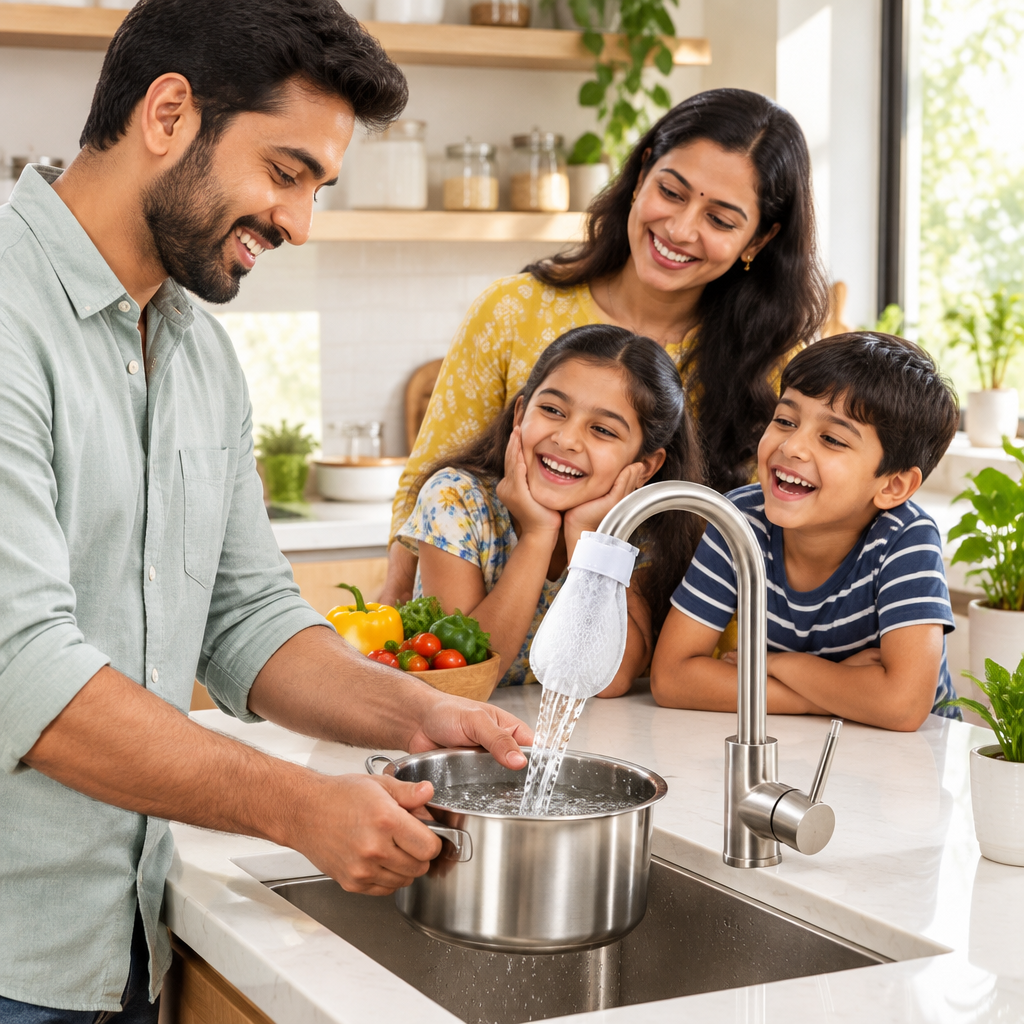 Family in a bright kitchen using a tap with a filter bag